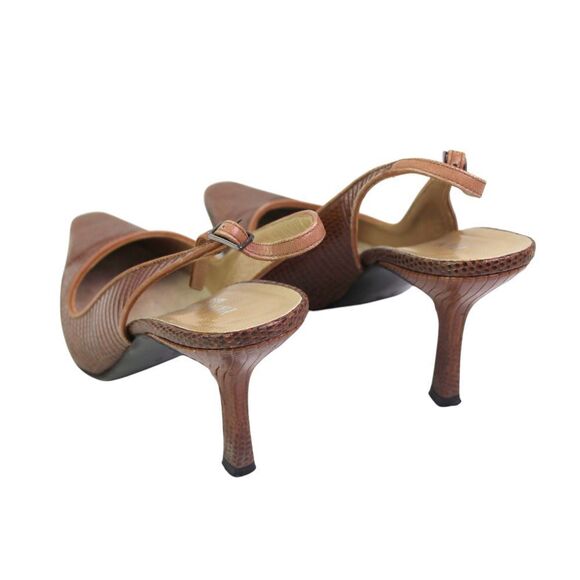 Pancaldi BROWN REAL LEATHER SNAKE MID HEEL POINTED BUCKLE SLINGBACK SHOES Sz 8B - Picture 5 of 12